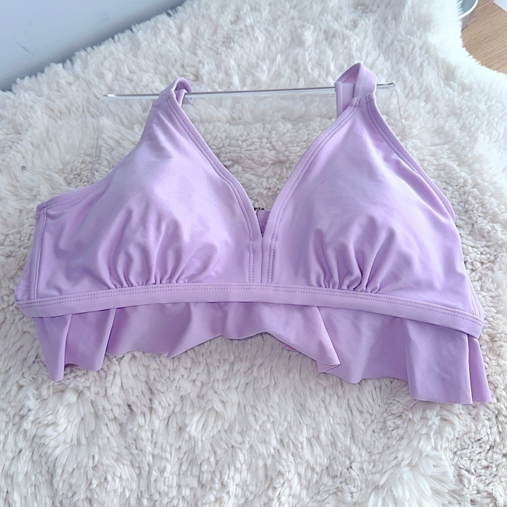 Lavender ruffle bikini top with strong adjustable straps. Gold hardware.